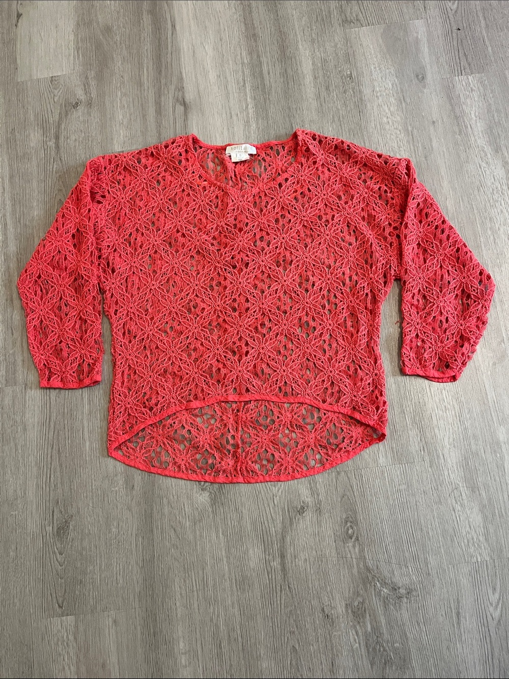 Openwork Crochet High-Low Tunic Top in Coral Red